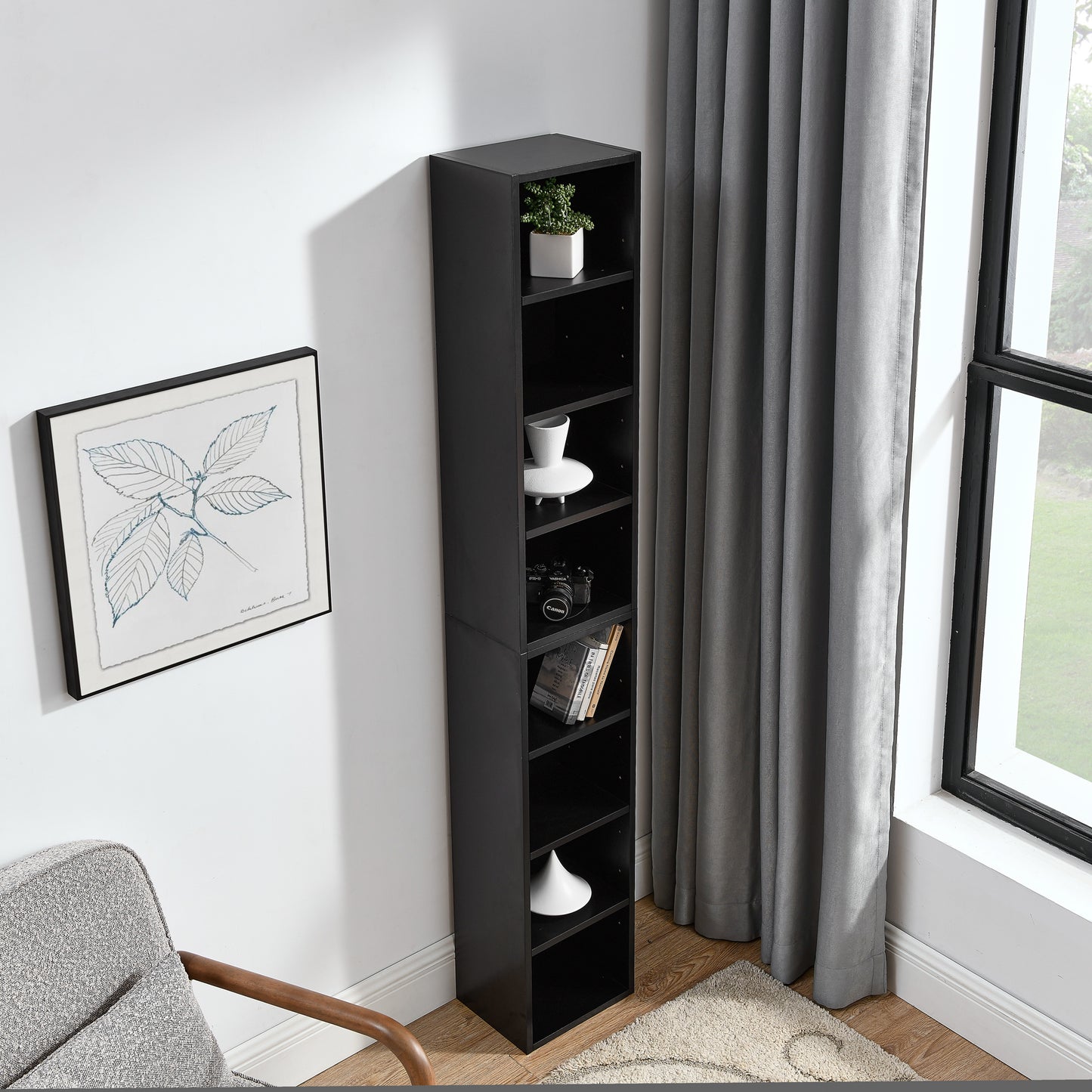 VIYET 11.6"×9.3"×70.9" 8-Tier Media Tower Rack - Black MDF, Adjustable Shelves