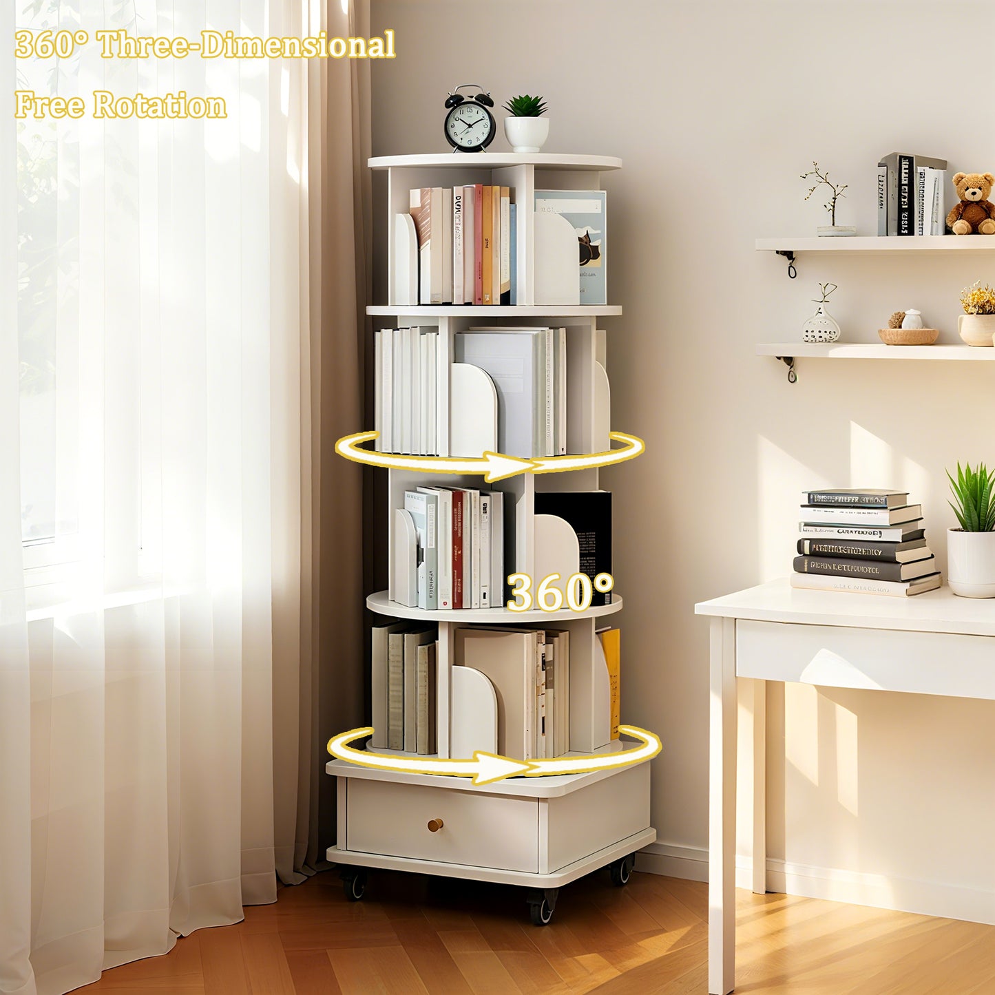 VIYET 56" 5-Tier 360° Rotating Bookshelf, Oak MDF Tower w/ Wheels&Drawer (Space-Saving Storage for Home/Office),white