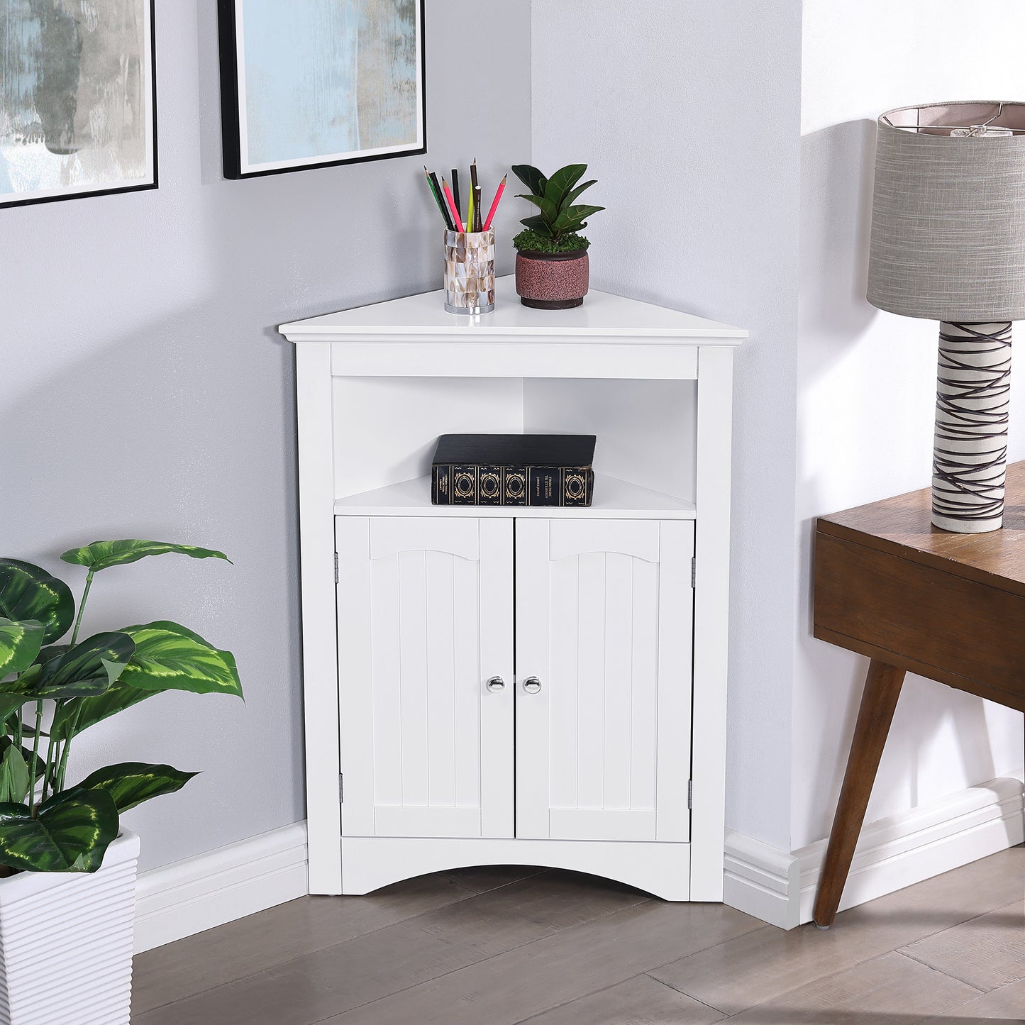 VIYET 32" Multifunctional Corner Cabinet - White MDF, Freestanding, Doors & Adjustable Shelves(Bathroom/Kitchen/Living Room Organizer)