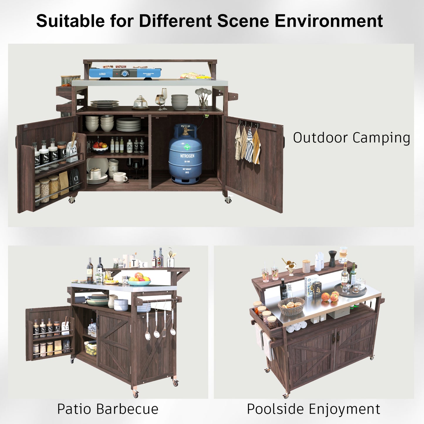 VIYET 43" K&K Outdoor Kitchen Island, Brown Solid Wood Grill Cart w/ Stainless Steel Top (Raised Shelf+Adjustable Storage Rack)