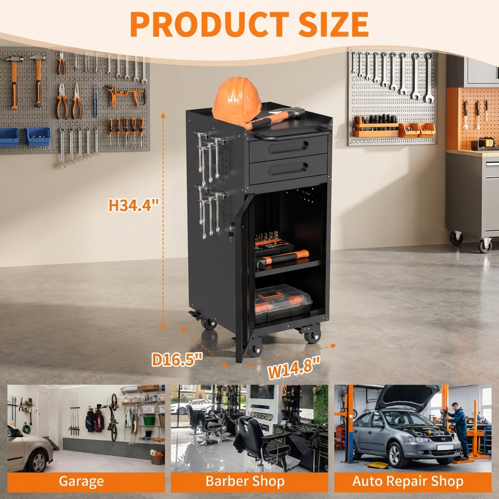 VIYET 34" Narrow Rolling Tool Cabinet - Slim 2-Drawer Space-Saving Storage with Lockable Door, Black