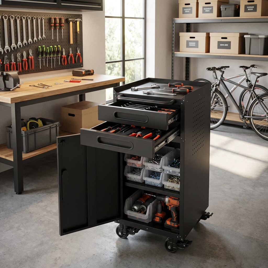 VIYET 34" Narrow Rolling Tool Cabinet - Slim 2-Drawer Space-Saving Storage with Lockable Door, Black