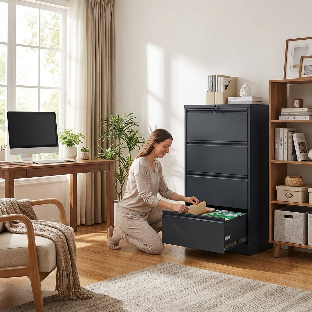 VIYET 4-Drawer Lateral File Cabinet with Lock - Tall Heavy-Duty Metal Filing Cabinet for Home Office, 110lbs/Drawer, Quiet Full-Extension Slides, Fits Letter/Legal/A4/F4