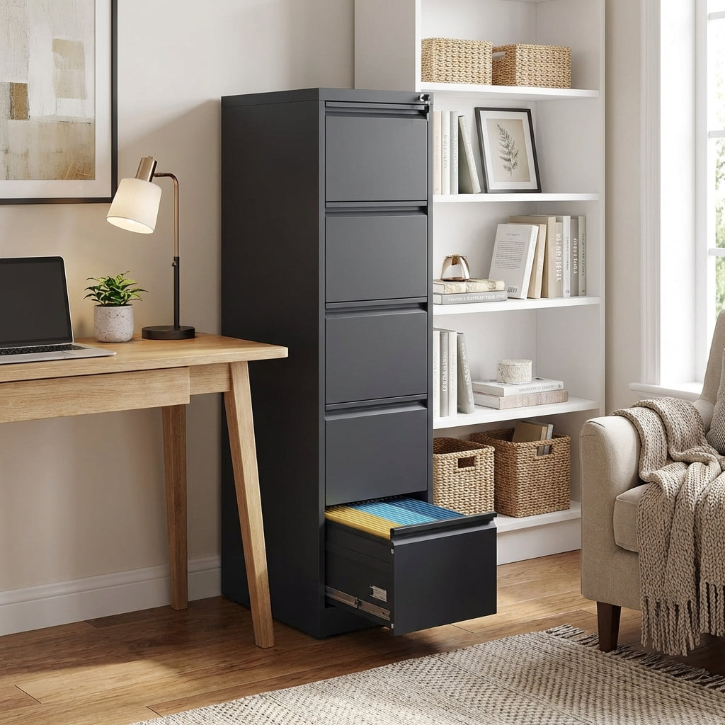 VIYET 64" Black 5-Drawer Vertical Metal File Cabinet with Lock, Tall Locking Filing Cabinet, Fits Letter Legal & A4 Files