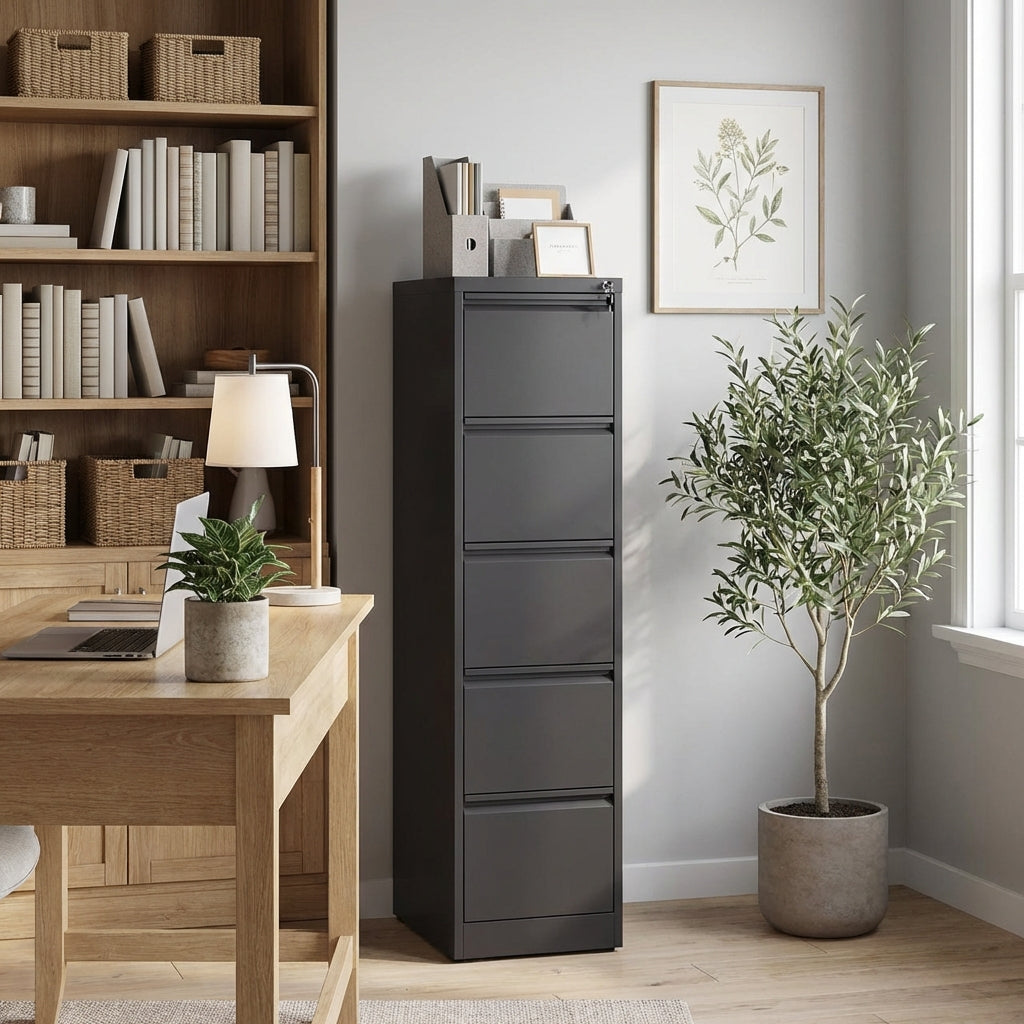 VIYET 64" Black 5-Drawer Vertical Metal File Cabinet with Lock, Tall Locking Filing Cabinet, Fits Letter Legal & A4 Files
