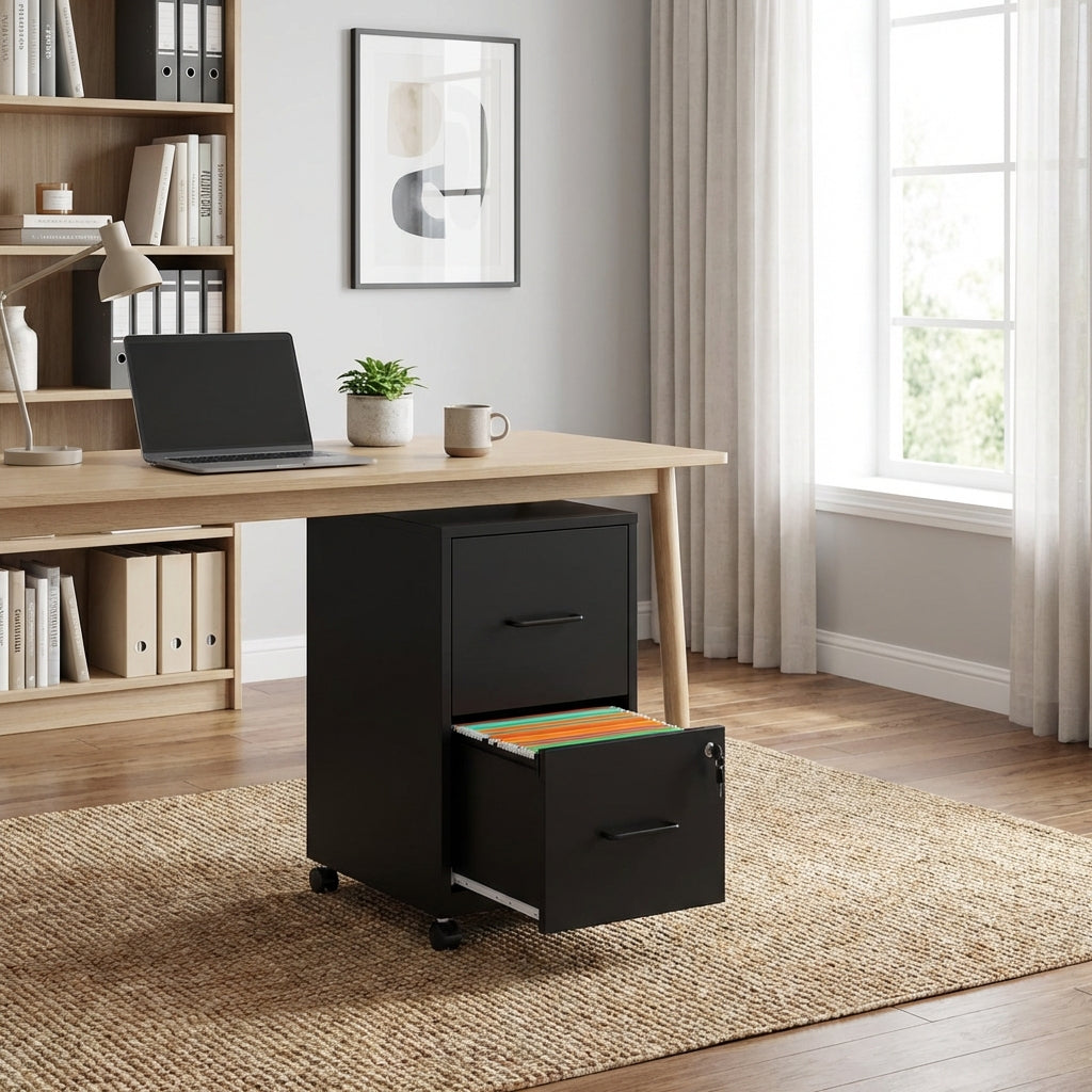 VIYET Mobile 2-Drawer Metal File Cabinet with Lock & Wheels, Rolling Under Desk Filing Cabinet for Home Office Storage