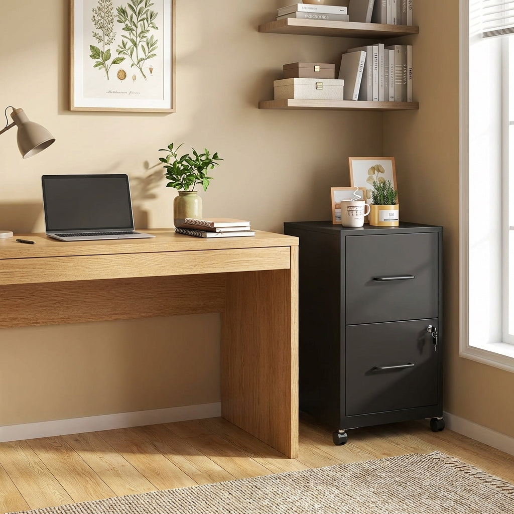 VIYET Mobile 2-Drawer Metal File Cabinet with Lock & Wheels, Rolling Under Desk Filing Cabinet for Home Office Storage