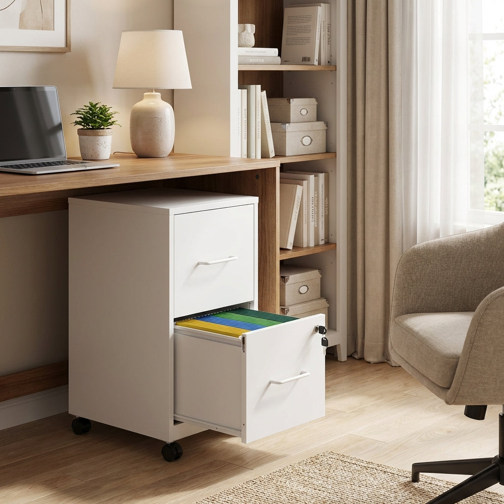 VIYET Mobile 2-Drawer Metal File Cabinet with Lock & Wheels, Rolling Under Desk Filing Cabinet for Home Office Storage