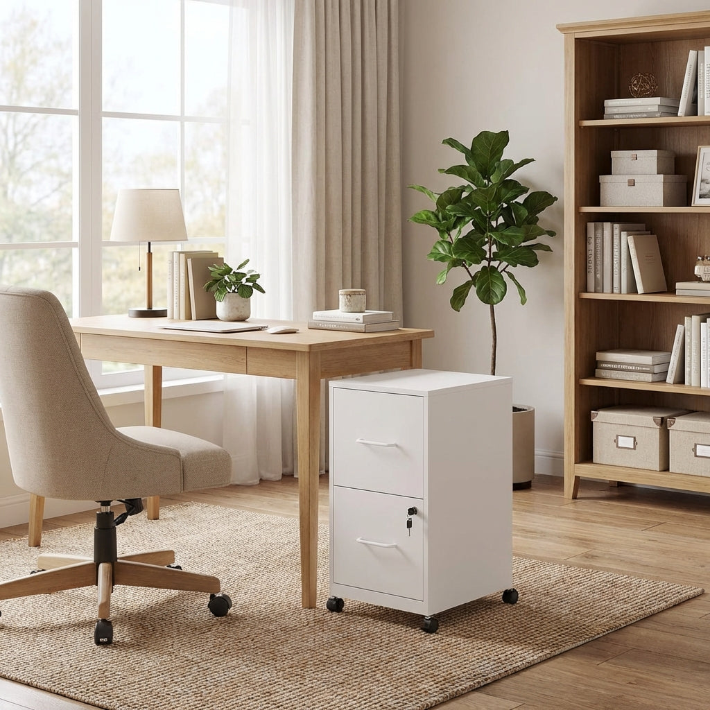 VIYET Mobile 2-Drawer Metal File Cabinet with Lock & Wheels, Rolling Under Desk Filing Cabinet for Home Office Storage