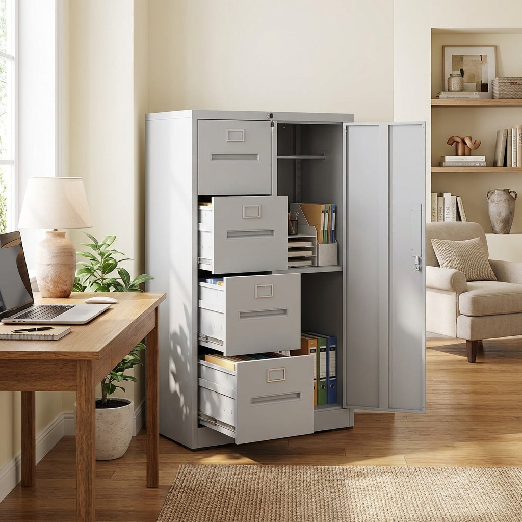 VIYET 4-Drawer Locking Metal File Cabinet, Vertical Filing Cabinet for Home Office Storage, White Steel Office Cabinet
