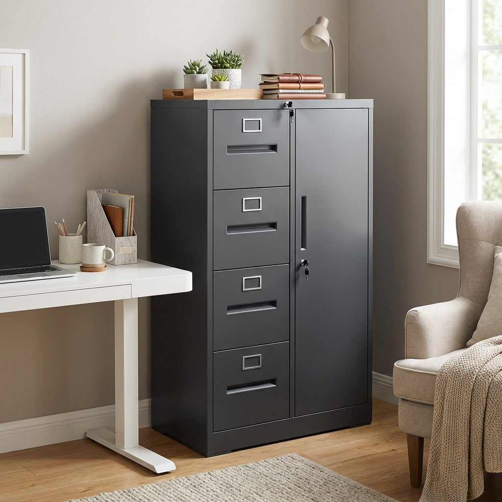 VIYET Black Metal Vertical Filing Cabinet with Lock, 4 Drawers & 1 Door Steel Storage Locker for Office Home School Bedroom