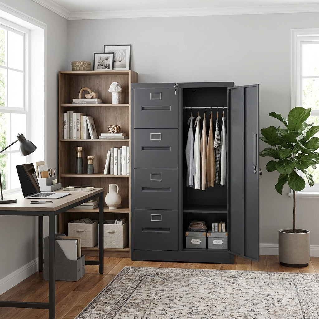 VIYET Black Metal Vertical Filing Cabinet with Lock, 4 Drawers & 1 Door Steel Storage Locker for Office Home School Bedroom