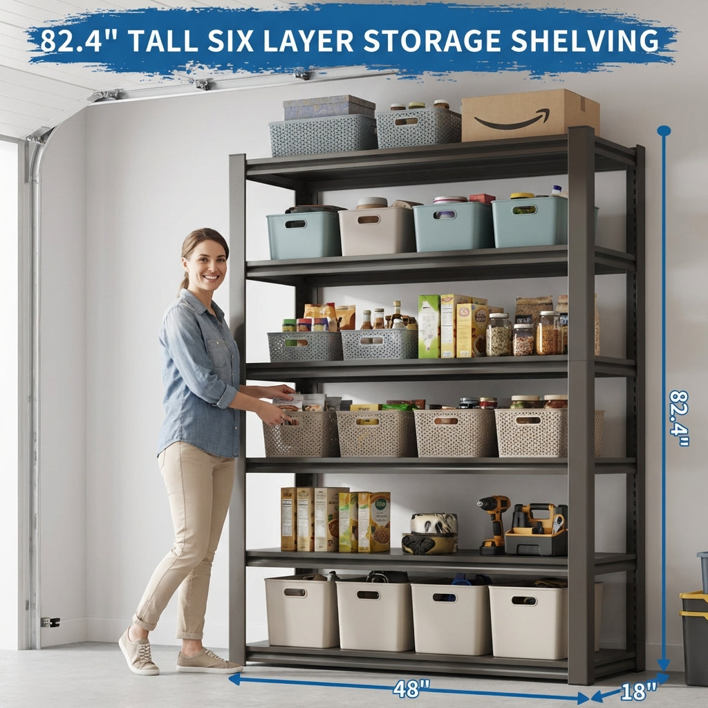 VIYET 82"H 6-Tier Heavy-Duty Metal Storage Shelves - 2400LBS Total (400LBS/Shelf), 48"W×18"D Adjustable, for Garage/Kitchen/Gym/Warehouse (Black+Gray)