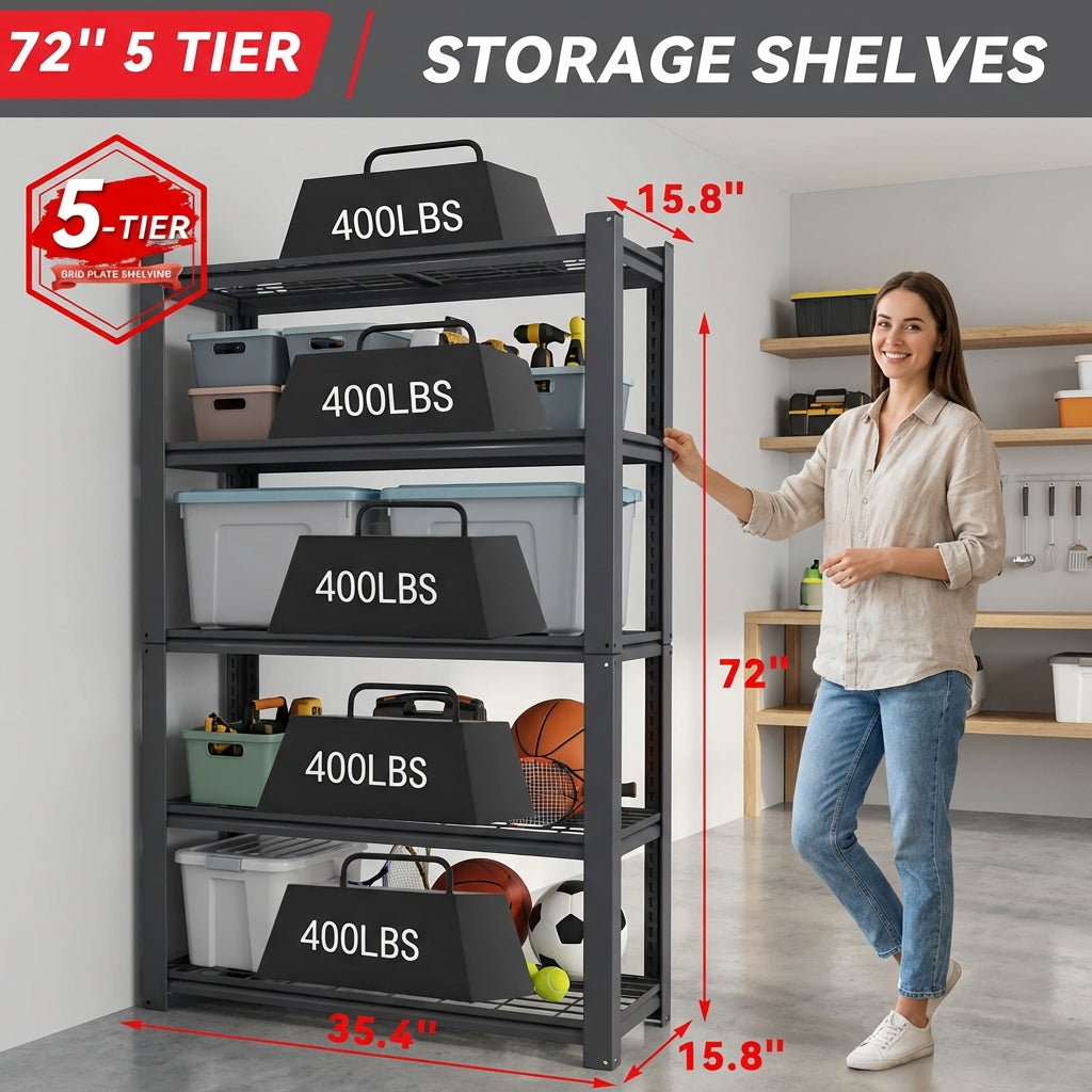 VIYET 72" 5-Tier Heavy-Duty Metal Mesh Shelving Rack - 2000lbs Total Capacity Adjustable Storage for Pantry, Garage & Kitchen, Black