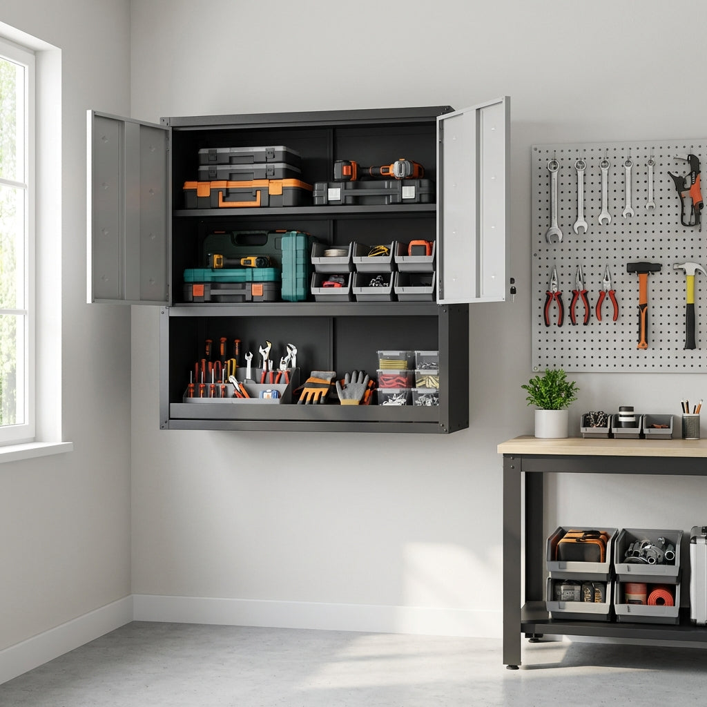 VIYET 30"H Wall-Mounted Metal Storage Cabinet - Locking Doors + Open Drawer + Shelf, Cold-Rolled Steel, Rust-Resistant Powder Coating, Modern Black+Gray for Garage/Office/Warehouse/Home/School