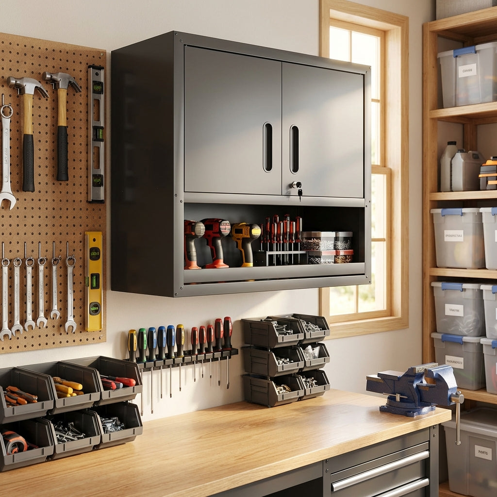 VIYET 30"H Wall-Mounted Steel Cabinet - Locking Doors + Open Drawer + Adjustable Shelf, Cold-Rolled Steel with Rust-Resistant Coating, Black for Garage/Office/Warehouse/Home/School