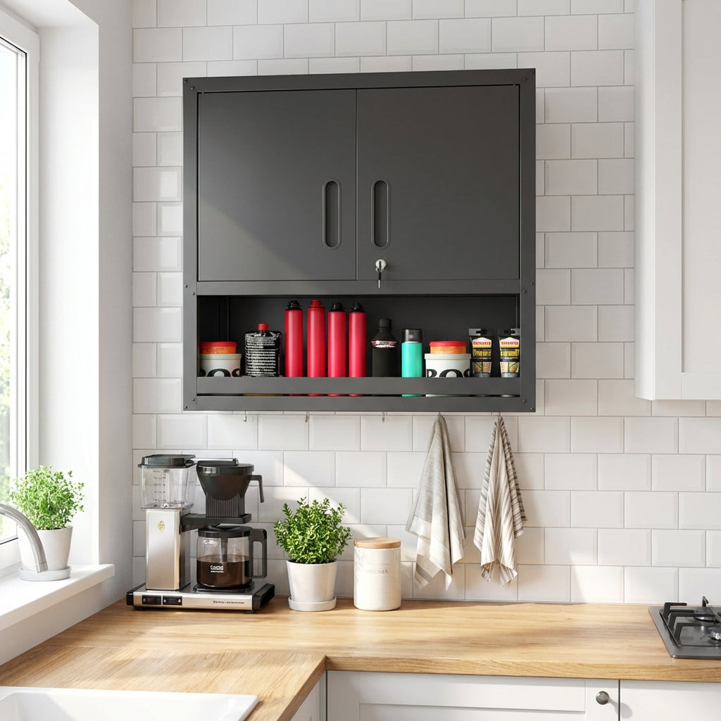 VIYET 30"H Wall-Mounted Steel Cabinet - Locking Doors + Open Drawer + Adjustable Shelf, Cold-Rolled Steel with Rust-Resistant Coating, Black for Garage/Office/Warehouse/Home/School