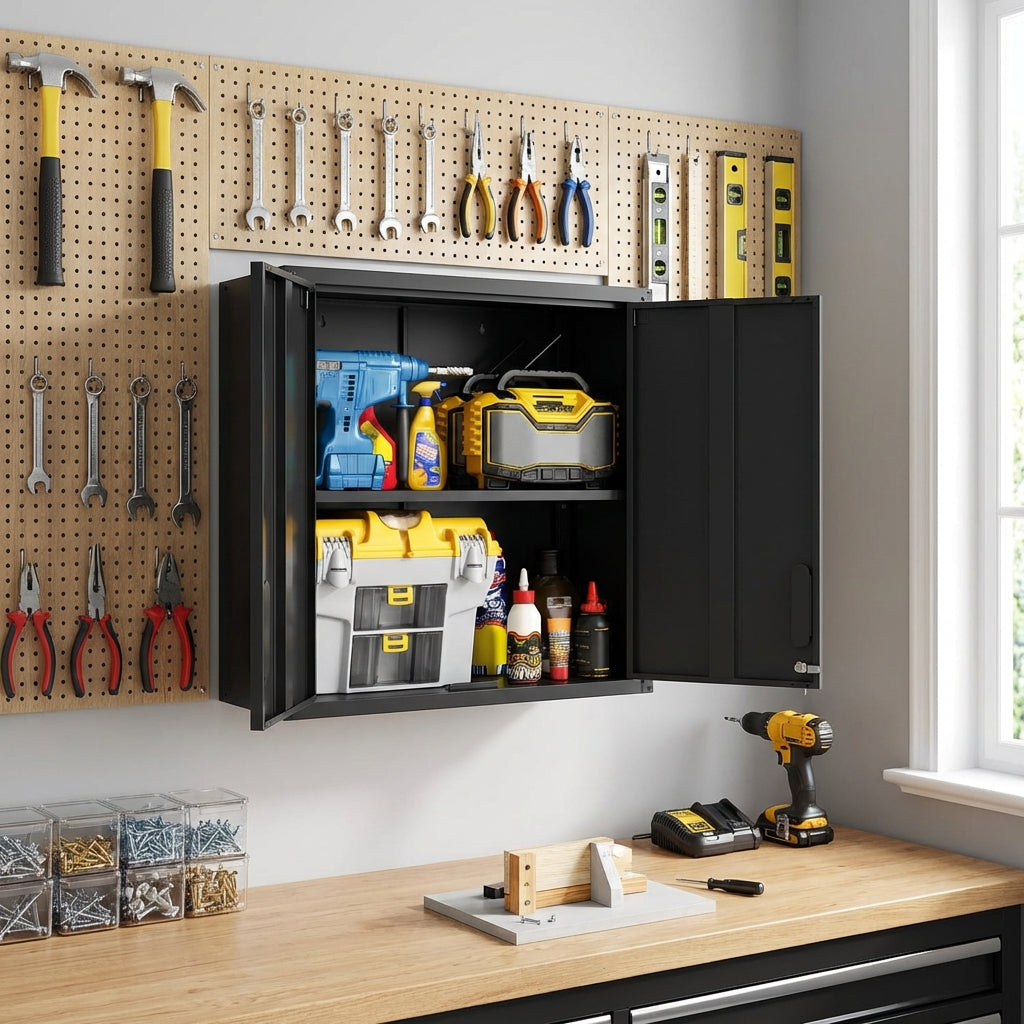 VIYET 30" Wall-Mounted Metal Tool Storage Cabinet - Heavy-Duty Steel Garage Cabinet with 2 Locking Doors & 1 Open Drawer, Space-Saving Black