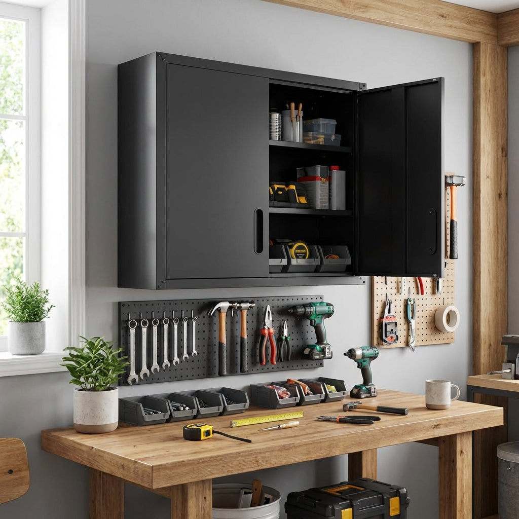 VIYET 30" Wall-Mounted Metal Tool Storage Cabinet - Heavy-Duty Steel Garage Cabinet with 2 Locking Doors & 1 Open Drawer, Space-Saving Black