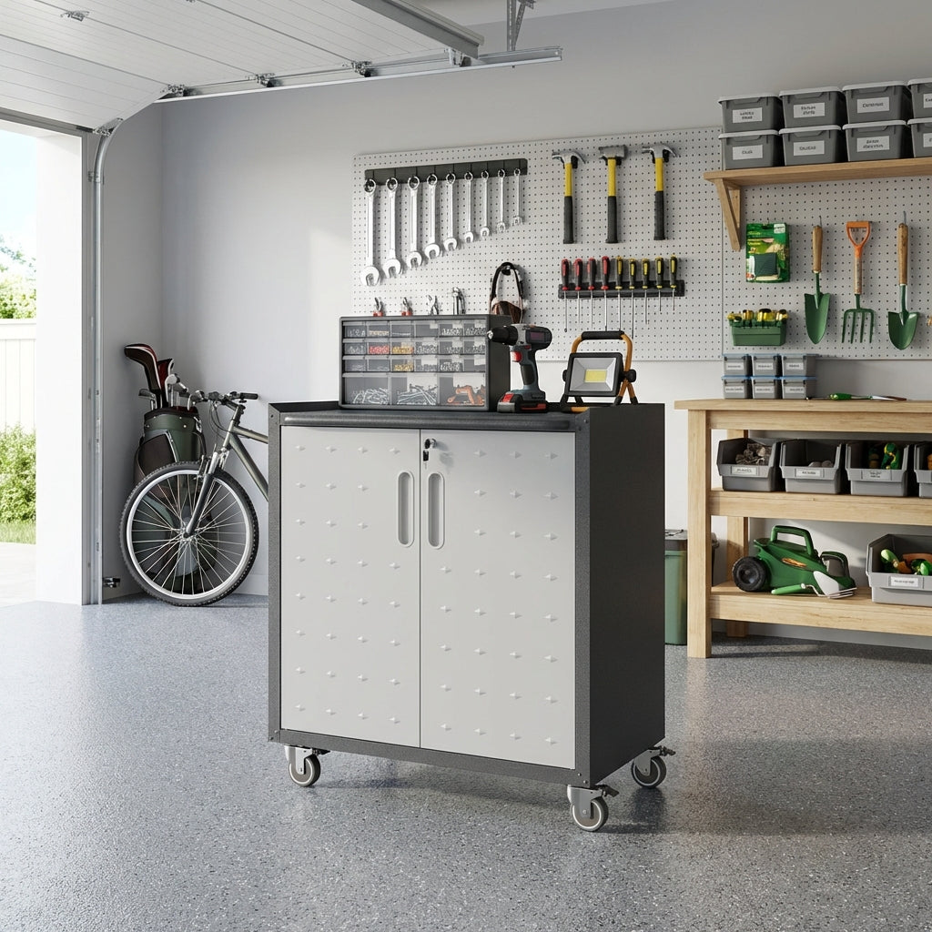 VIYET 34"H Heavy-Duty Steel Garage Cabinet with Wheels & Lock - Adjustable Shelves, Black+Gray Diamond-Plate Design (Garage/Home/Office/Workshop)