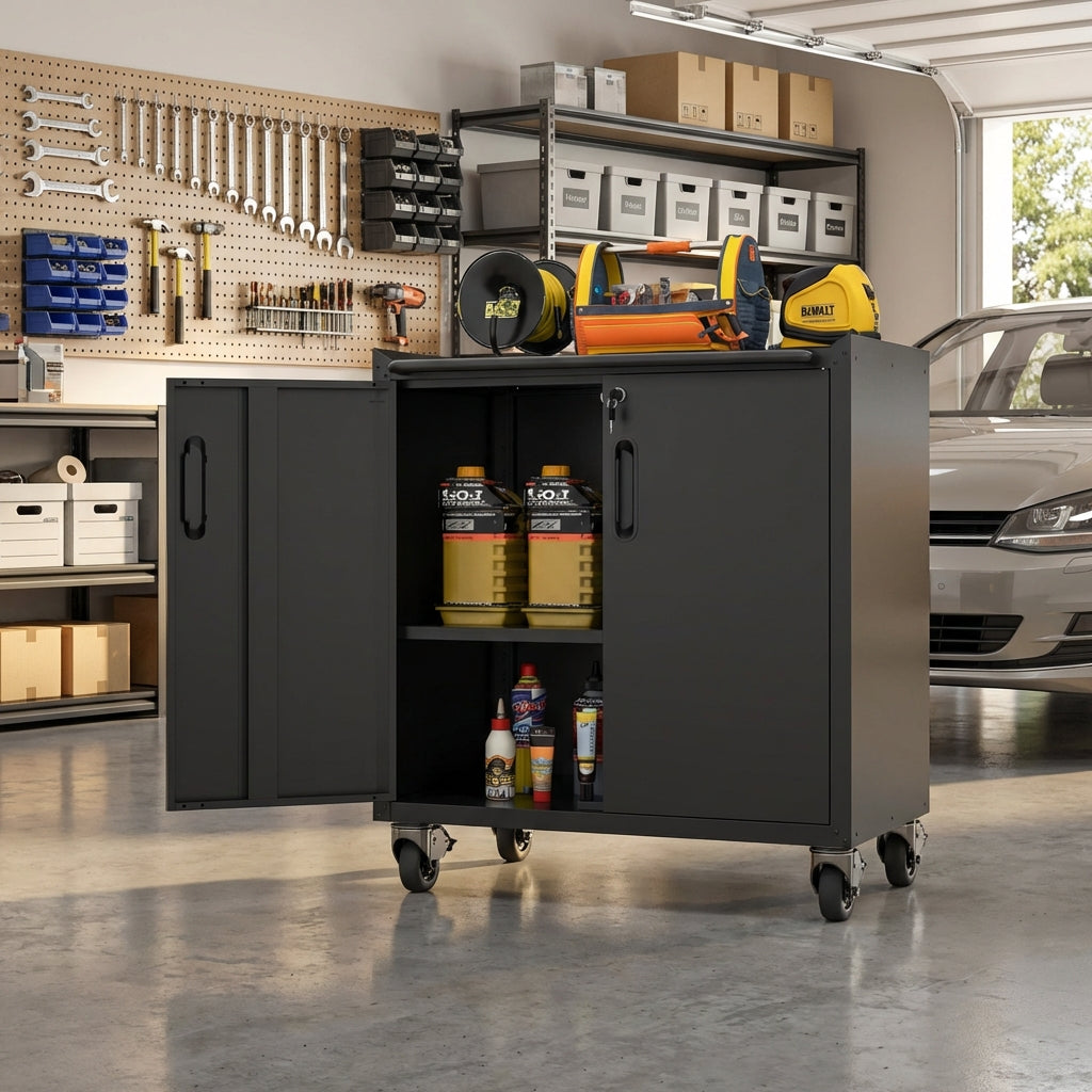 VIYET 31" Rolling Steel Storage Cabinet - Heavy-Duty Metal Locking Cabinet with Adjustable Shelf & Silent Casters for Garage & Home Office