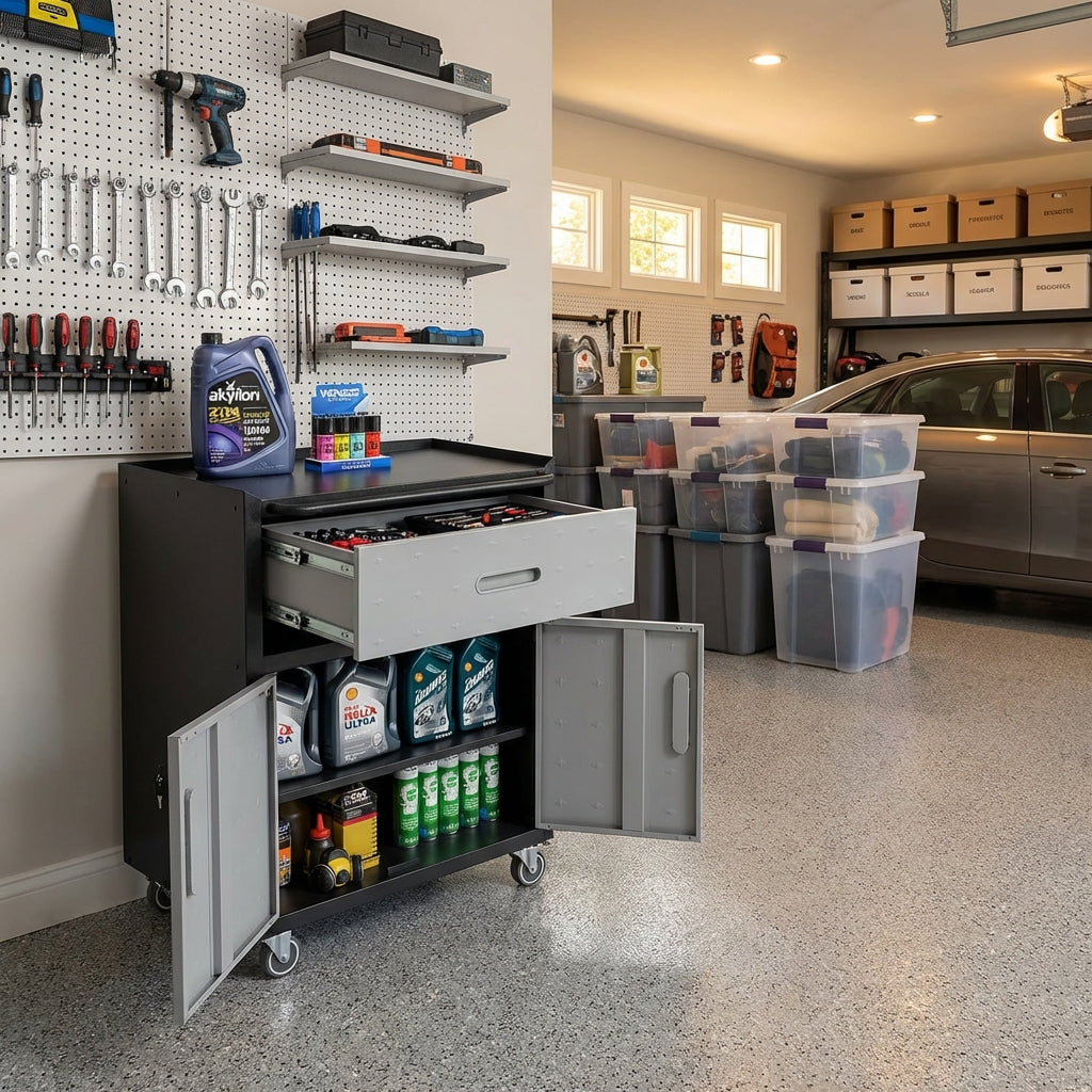 VIYET 35"H Heavy-Duty Steel Tool Cabinet with Wheels - 1 Drawer + 2 Locking Doors, Mobile Storage Cabinet for Garage/Home/Office/Workshop, Black+Gray