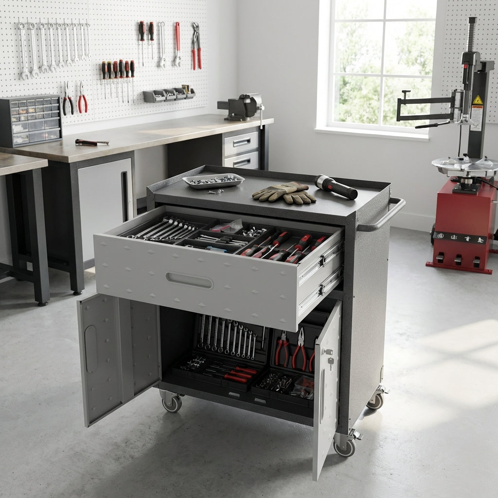 VIYET 35"H Heavy-Duty Steel Tool Cabinet with Wheels - 1 Drawer + 2 Locking Doors, Mobile Storage Cabinet for Garage/Home/Office/Workshop, Black+Gray