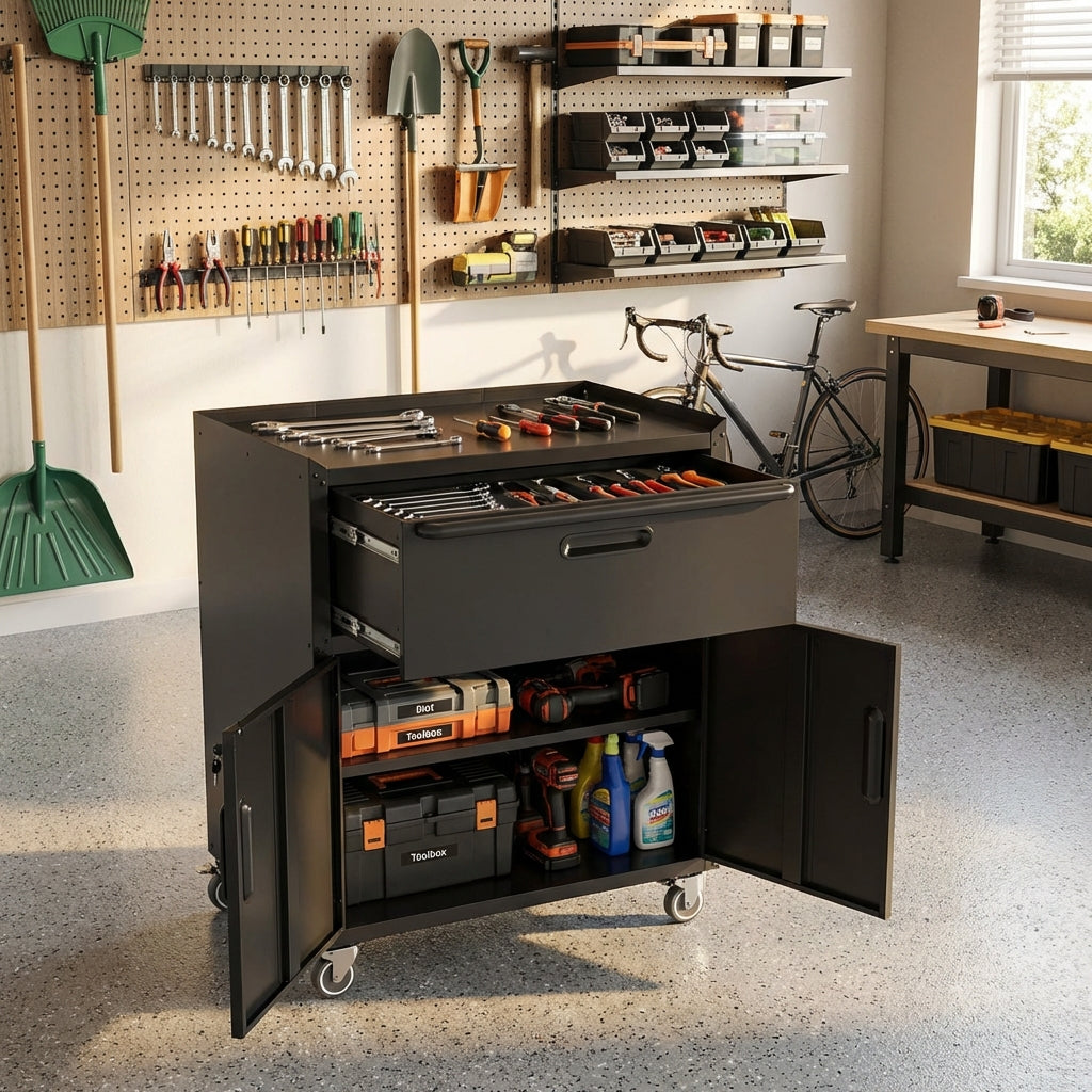 VIYET 35" Rolling Steel Tool Cabinet - Heavy-Duty Metal Storage with Top Fence, Locking Casters & Adjustable Shelf for Garage & Workshop, Black