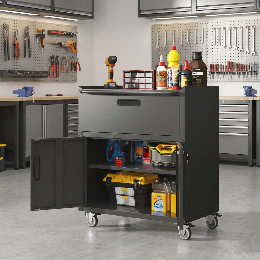 VIYET 35" Rolling Steel Tool Cabinet - Heavy-Duty Metal Storage with Top Fence, Locking Casters & Adjustable Shelf for Garage & Workshop, Black