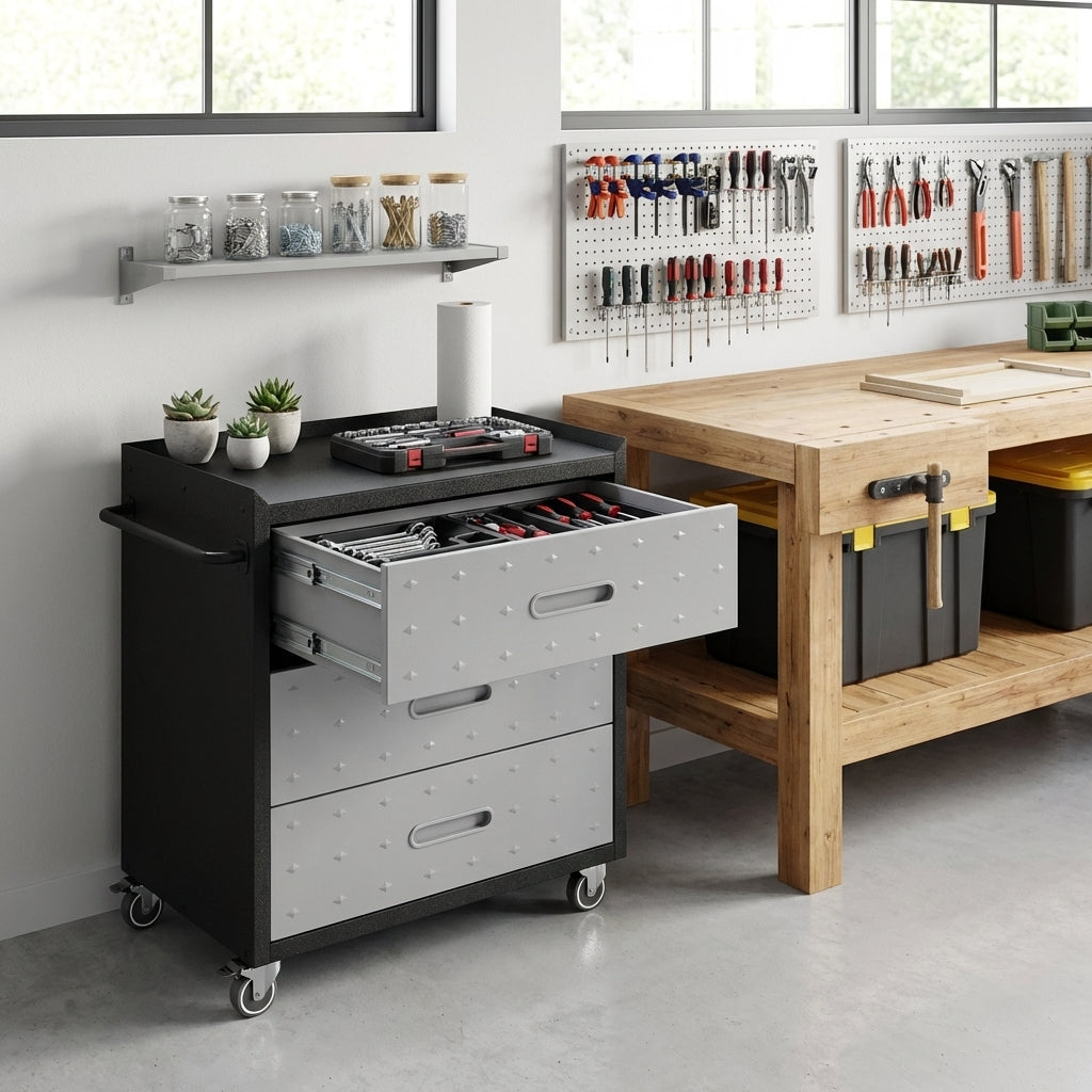 VIYET 35"H Heavy-Duty Steel 3-Drawer Storage Cabinet with Wheels - Lockable Casters & Top Guardrail, Mobile Tool Organizer for Garage/Home/Office/Warehouse, Black+Gray