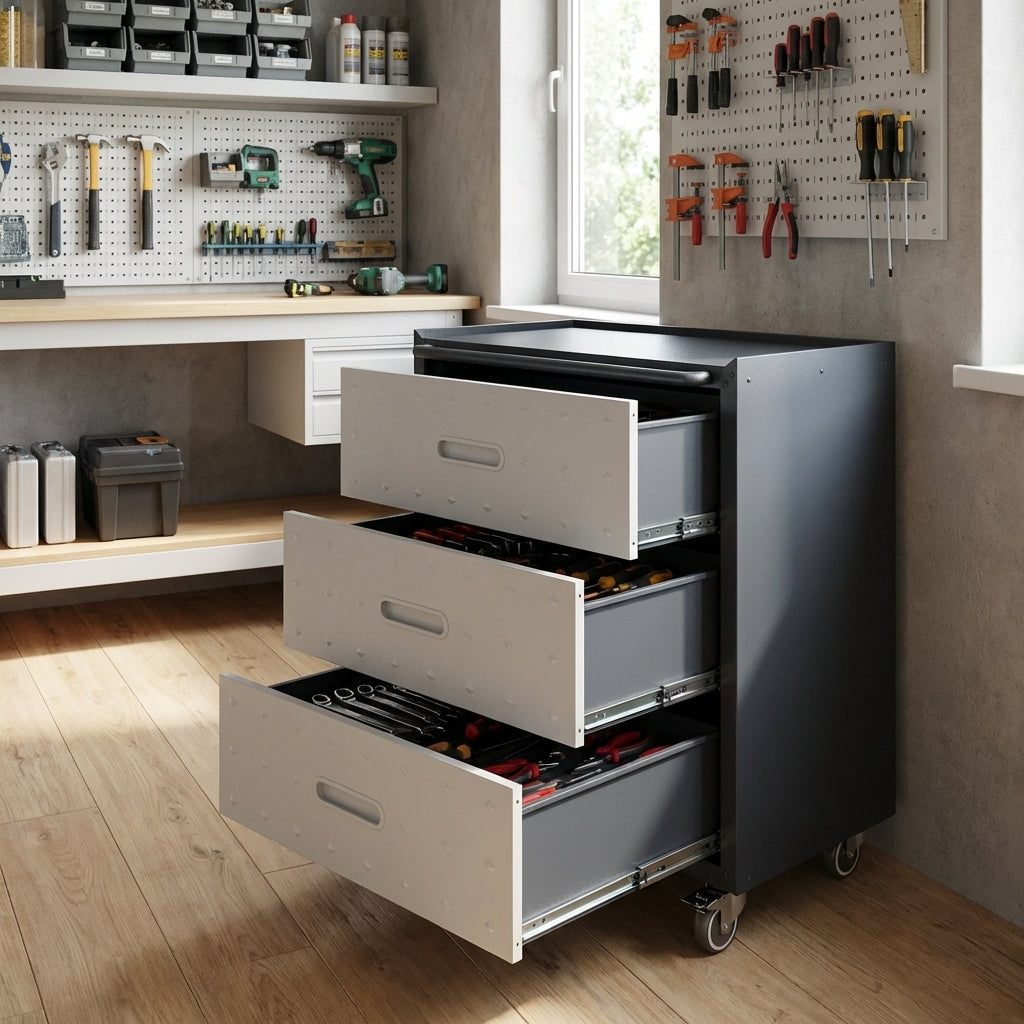 VIYET 35"H Heavy-Duty Steel 3-Drawer Storage Cabinet with Wheels - Lockable Casters & Top Guardrail, Mobile Tool Organizer for Garage/Home/Office/Warehouse, Black+Gray