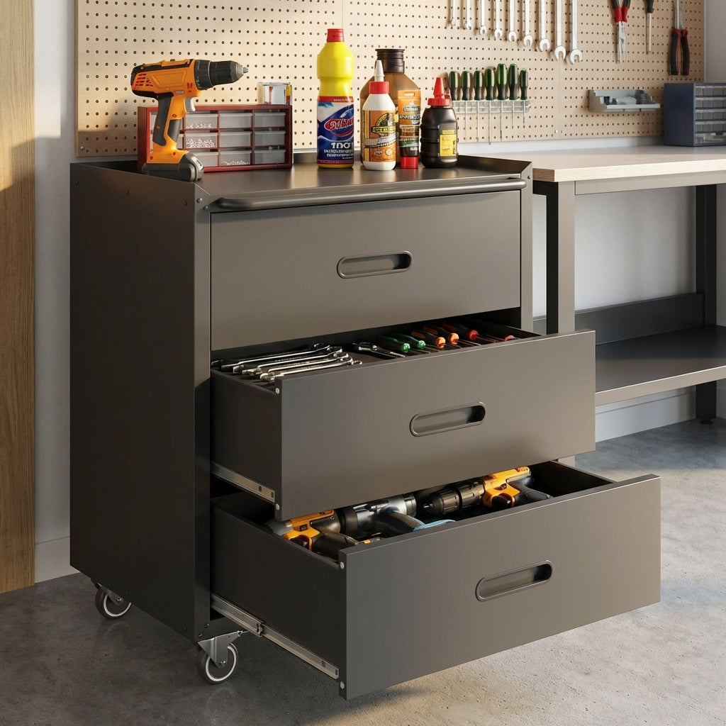 VIYET 35"H 3-Drawer Heavy-Duty Steel Storage Cabinet with Lockable Wheels, 200LBS Capacity for Garage/Office/Home Organizer (Black)