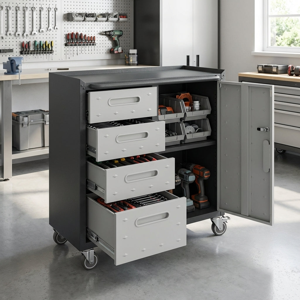 VIYET 35"H Heavy-Duty Steel Tool Cabinet with Wheels - 4 Drawers + 1 Lockable Compartment (Adjustable Shelf), 200LBS Capacity, Mobile Organizer for Garage/Home/Office/Warehouse, Black+Gray