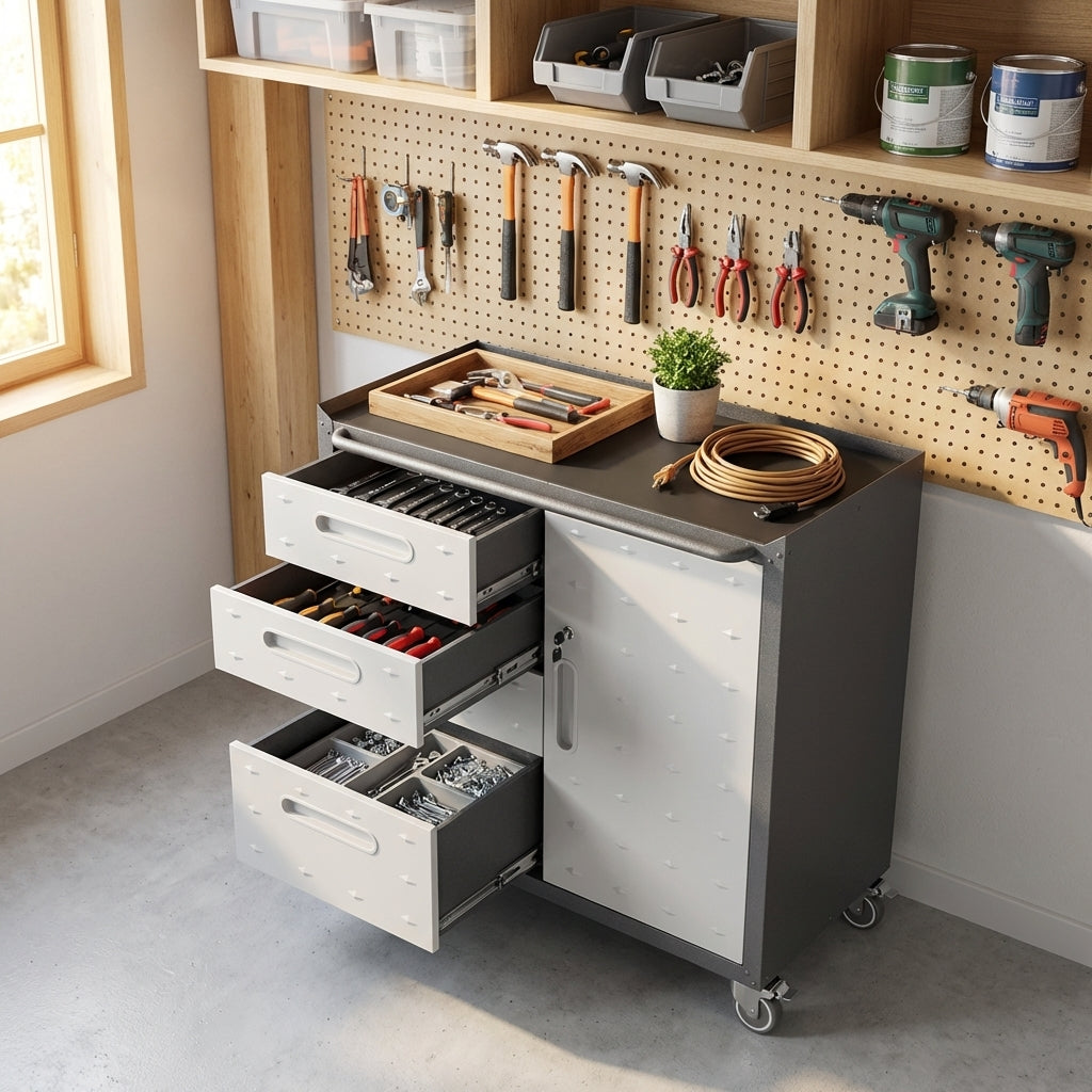 VIYET 35"H Heavy-Duty Steel Tool Cabinet with Wheels - 4 Drawers + 1 Lockable Compartment (Adjustable Shelf), 200LBS Capacity, Mobile Organizer for Garage/Home/Office/Warehouse, Black+Gray