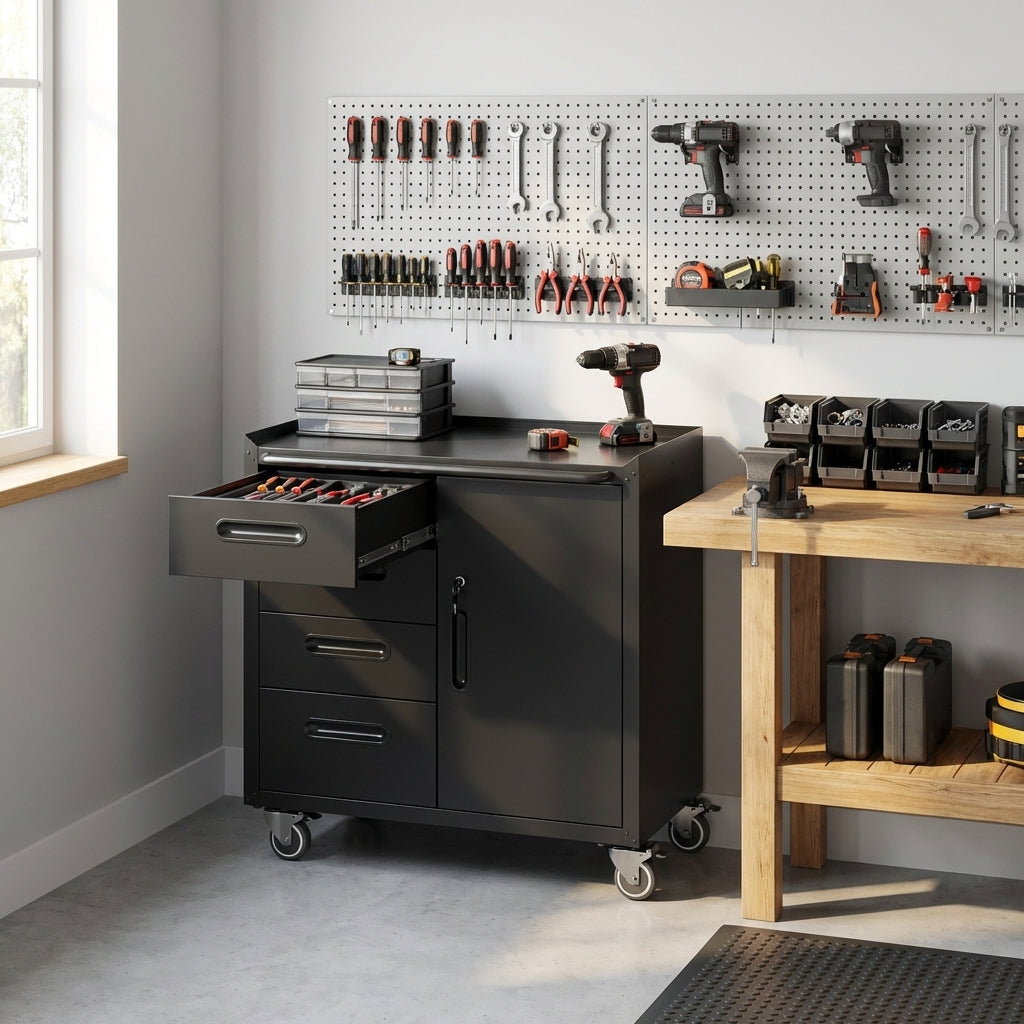 VIYET 35"H Heavy-Duty Steel Tool Cabinet with Wheels - Categorized Drawers + Lockable Storage (Adjustable Shelf), 360° Lockable Casters, Black+Gray for Garage/Home/Office/Workshop