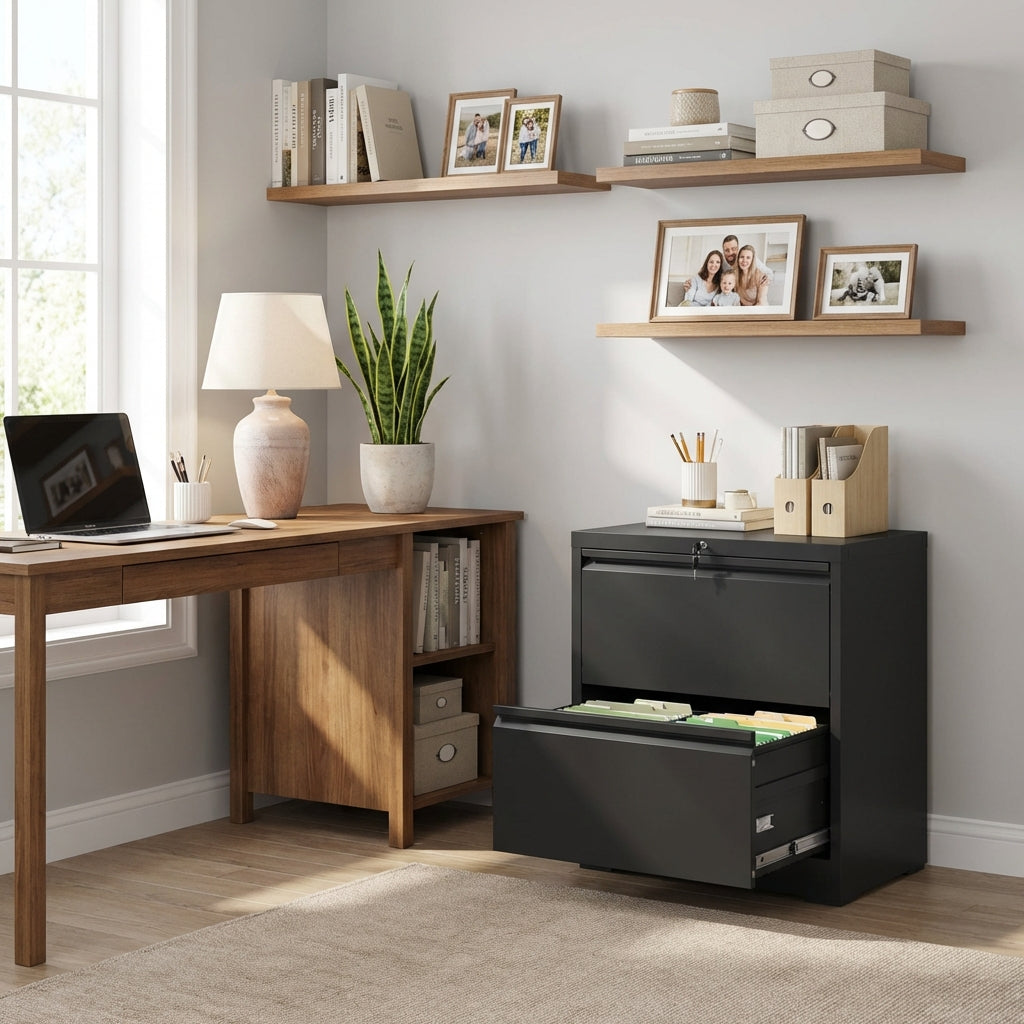 VIYET 2 Drawer Lateral File Cabinet with Lock, Steel Filing Cabinet for Home Office, Fits Letter, Legal & A4 Files, Black