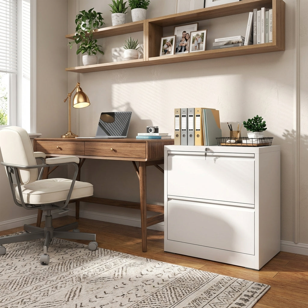 VIYET White 2 Drawer Lateral File Cabinet with Lock, Steel Filing Cabinet for Home Office, Fits Letter, Legal & A4 Files