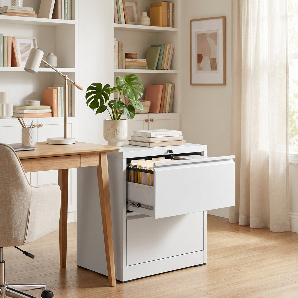VIYET White 2 Drawer Lateral File Cabinet with Lock, Steel Filing Cabinet for Home Office, Fits Letter, Legal & A4 Files