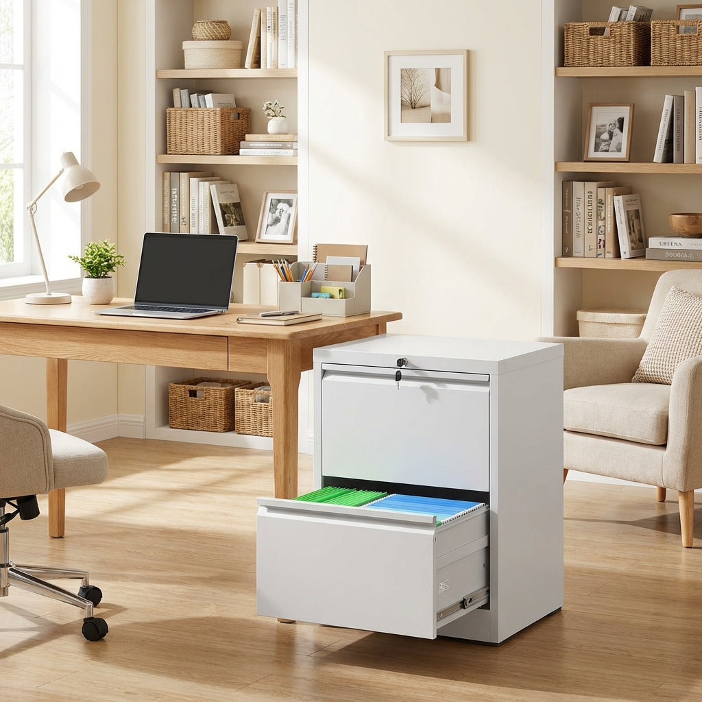 VIYET White 2 Drawer Lateral File Cabinet with Lock, Steel Filing Cabinet for Home Office, Fits Letter, Legal & A4 Files