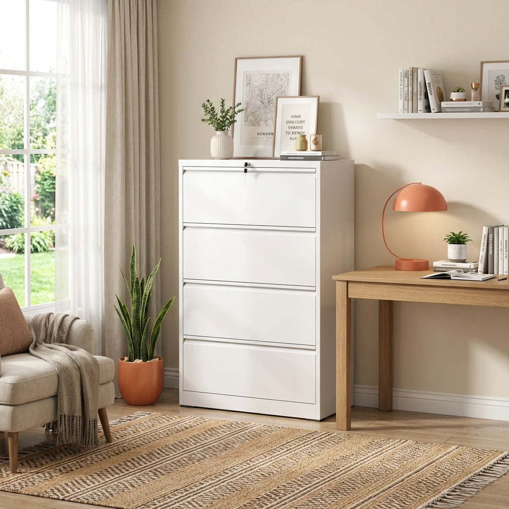 VIYET White 4-Drawer Lateral File Cabinet with Lock, Large Capacity Metal Filing Cabinet for Home Office, Fits Letter, Legal & A4 Files