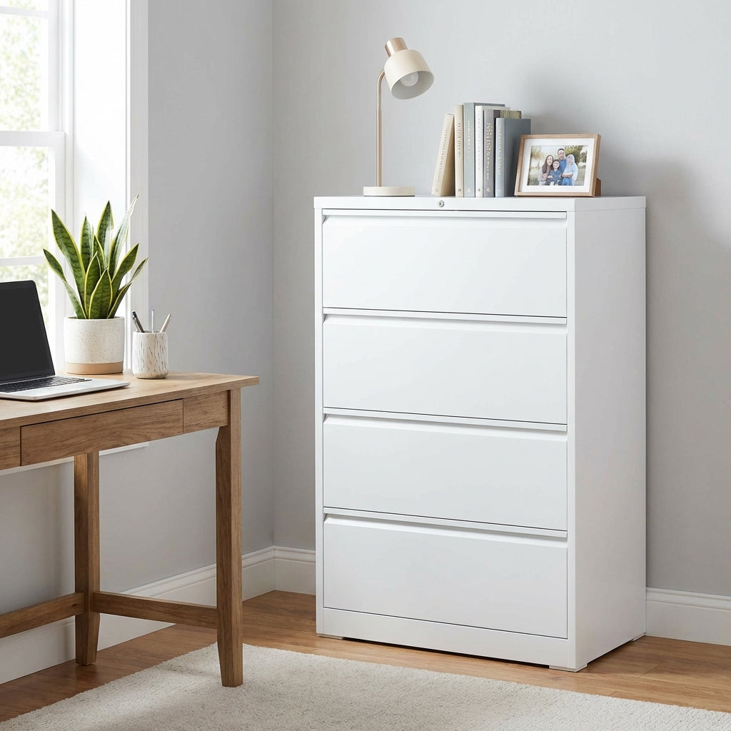 VIYET White 4-Drawer Lateral File Cabinet with Lock, Large Capacity Metal Filing Cabinet for Home Office, Fits Letter, Legal & A4 Files