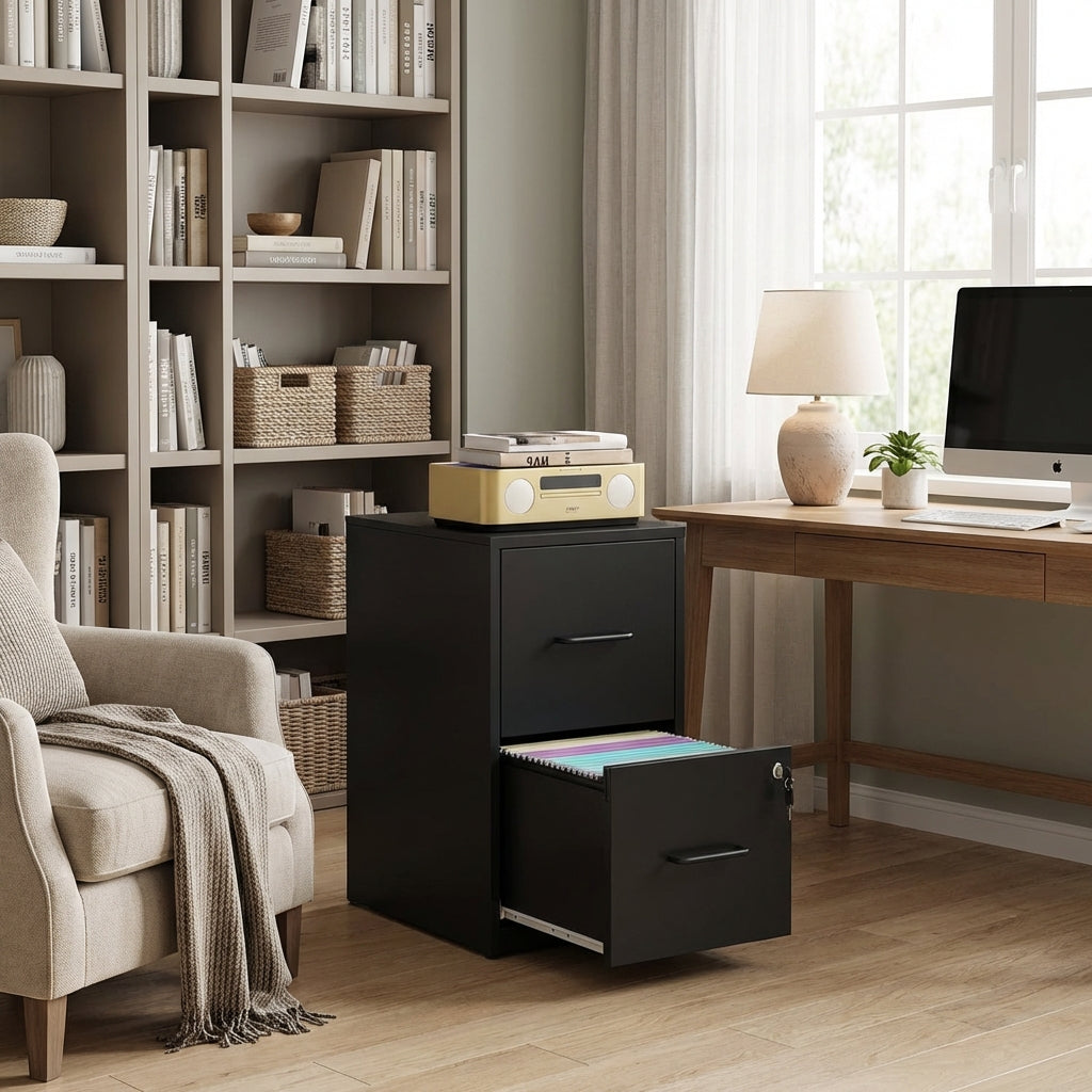 VIYET 26"H 2-Drawer Black Metal Vertical File Cabinet with Lock, Fits A4/Letter/Legal, Home Office Filing Cabinet
