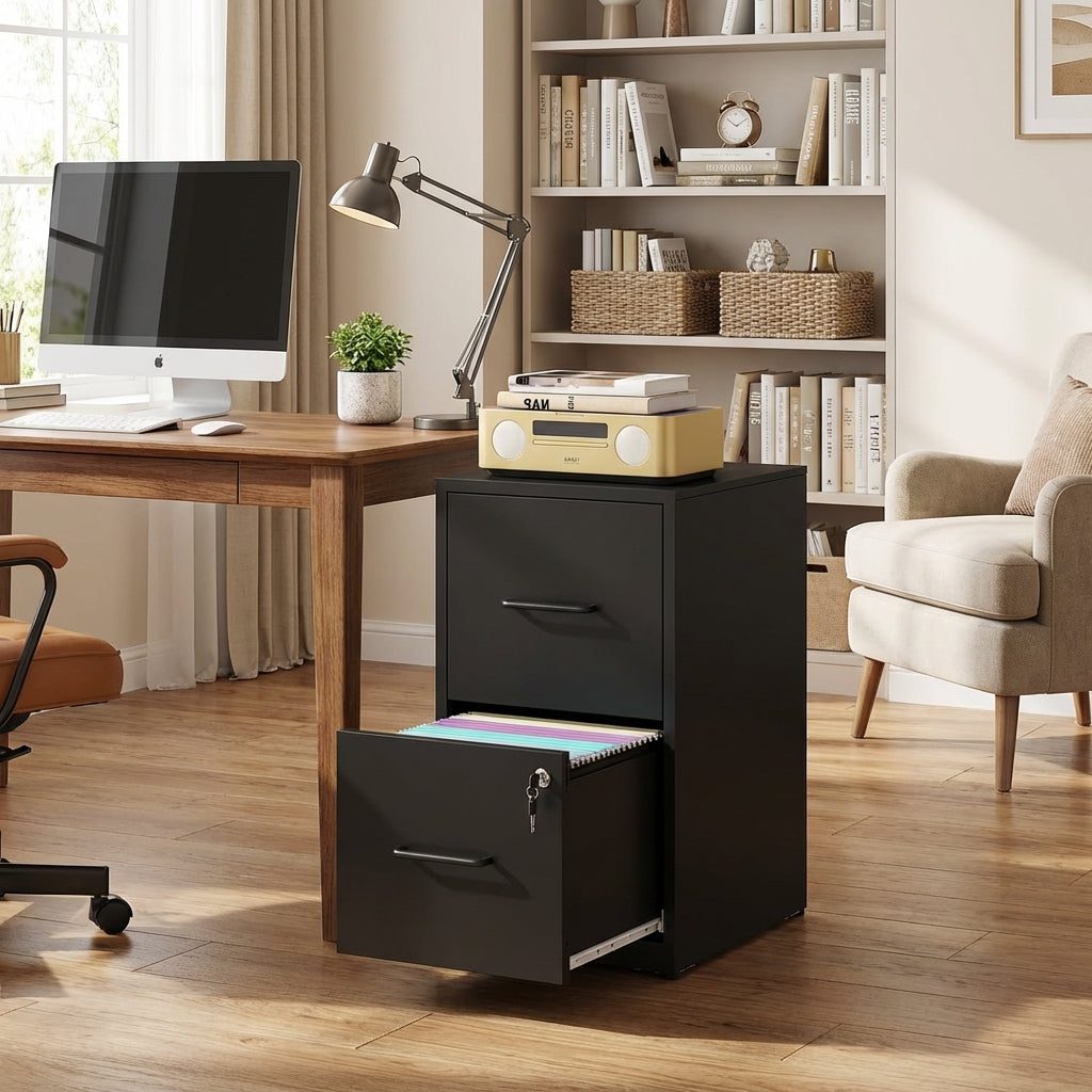 VIYET 26"H 2-Drawer Black Metal Vertical File Cabinet with Lock, Fits A4/Letter/Legal, Home Office Filing Cabinet