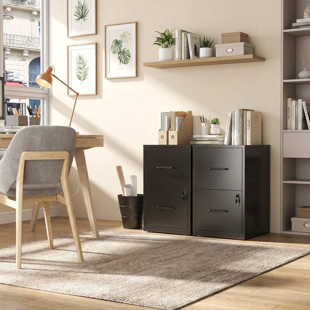 VIYET 26"H 2-Drawer Black Metal Vertical File Cabinet with Lock, Fits A4/Letter/Legal, Home Office Filing Cabinet