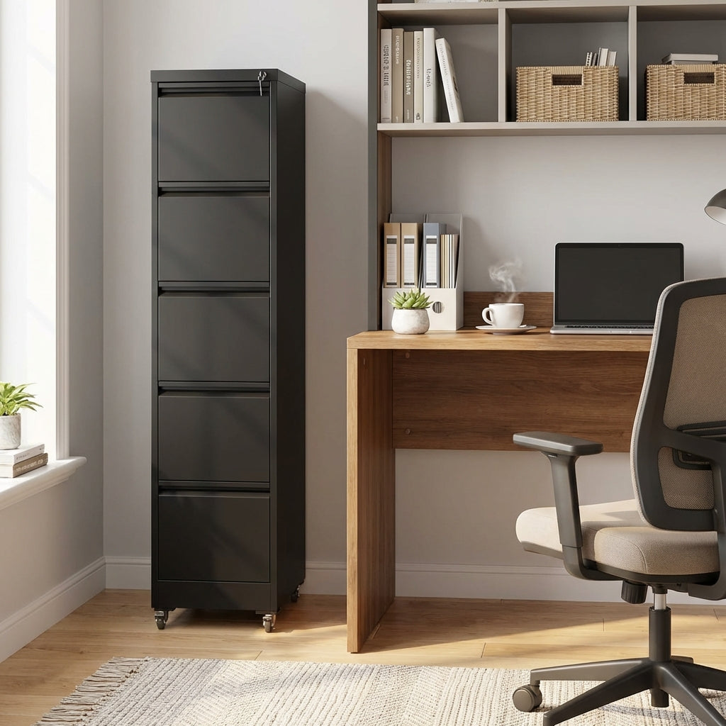 VIYET 64"H 5-Drawer Black Metal Vertical File Cabinet with Lock & Wheels, Heavy-Duty Storage for Home Office, Fits A4/Letter/Legal (Assembly Required)