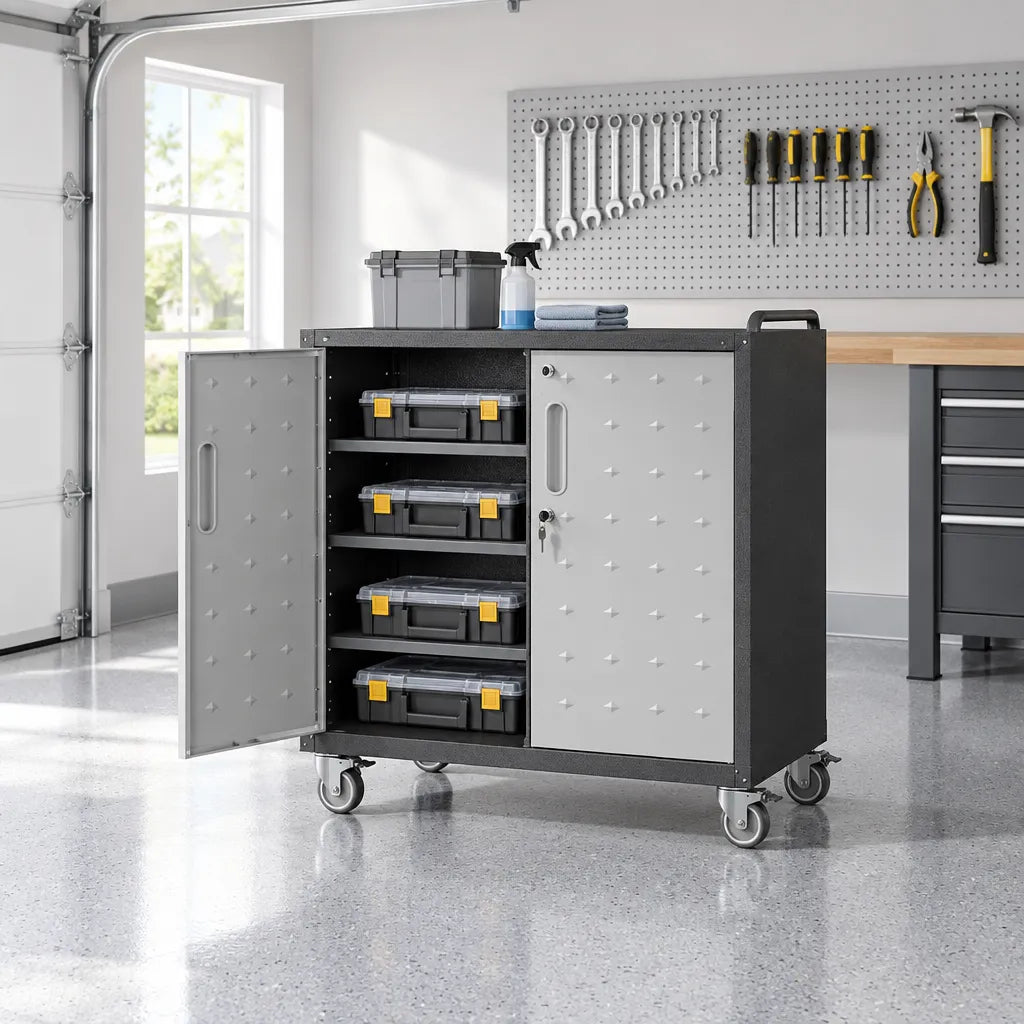VIYET 34" Rolling Metal Garage Storage Cabinet with Locking Doors, Adjustable Shelves & Wheels, Heavy Duty Steel Utility Cabinet