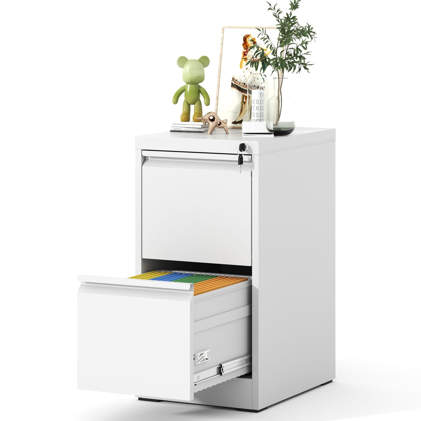 VIYET 28" White Vertical 2-Drawer Metal File Cabinet with Lock, Compact Locking Filing Cabinet for Home Office, Fits Letter, Legal & A4