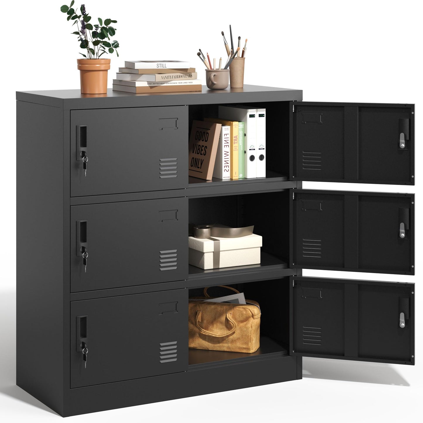 VIYET 6-Door Metal Storage Locker with Lock and Card Slot, Freestanding Office, Gym, School & Home Storage Cabinet, Durable Black Steel