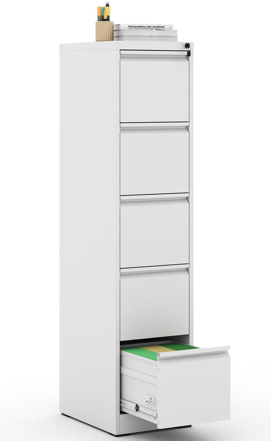 VIYET 64" White 5-Drawer Vertical Metal File Cabinet with Lock, Tall Locking Filing Cabinet, Fits Letter Legal & A4 Files