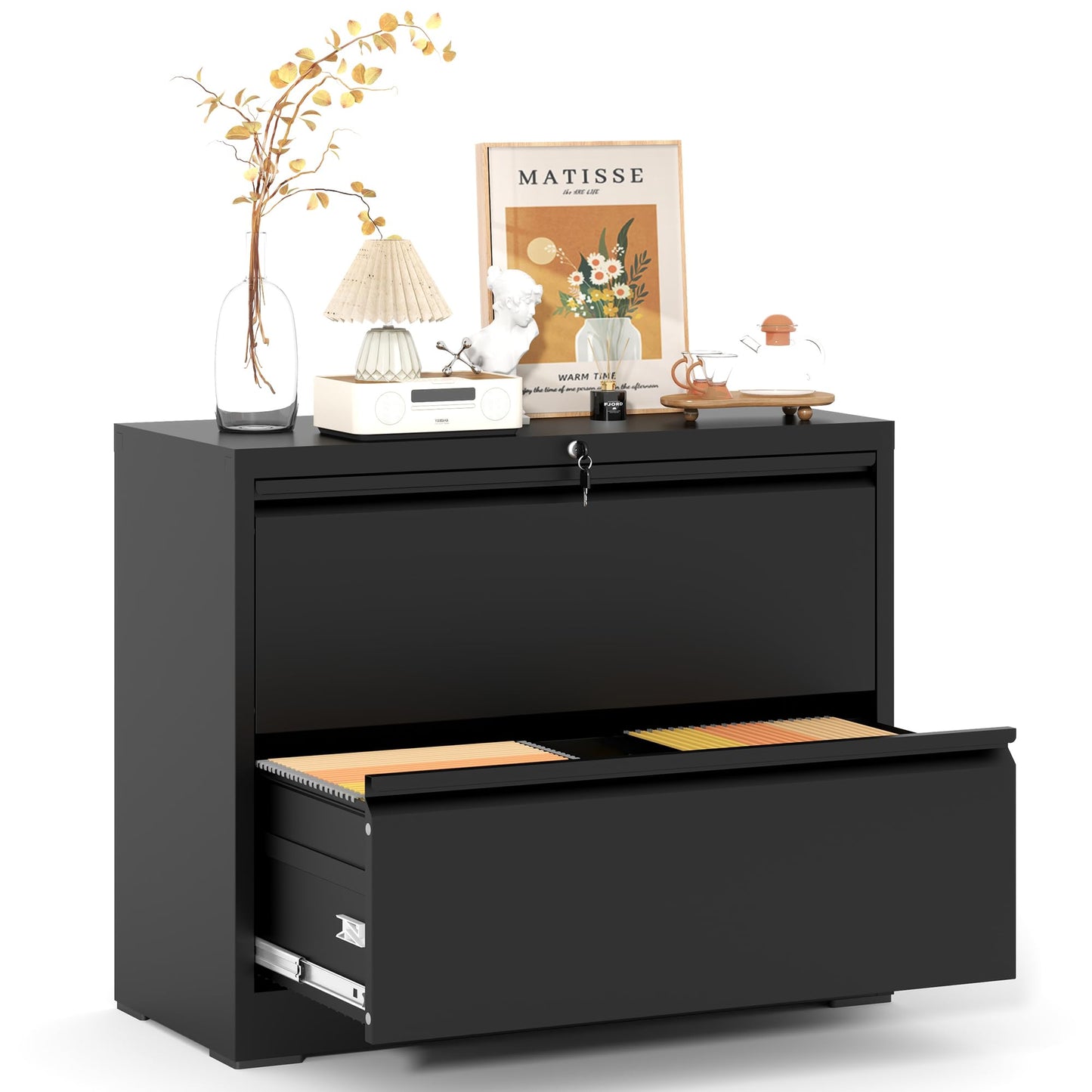 VIYET 28" 2-Drawer White Lateral File Cabinet with Lock - Heavy-Duty Steel Storage for Letter/Legal/A4/F4, 110lbs Per Drawer, Under Desk, Modern